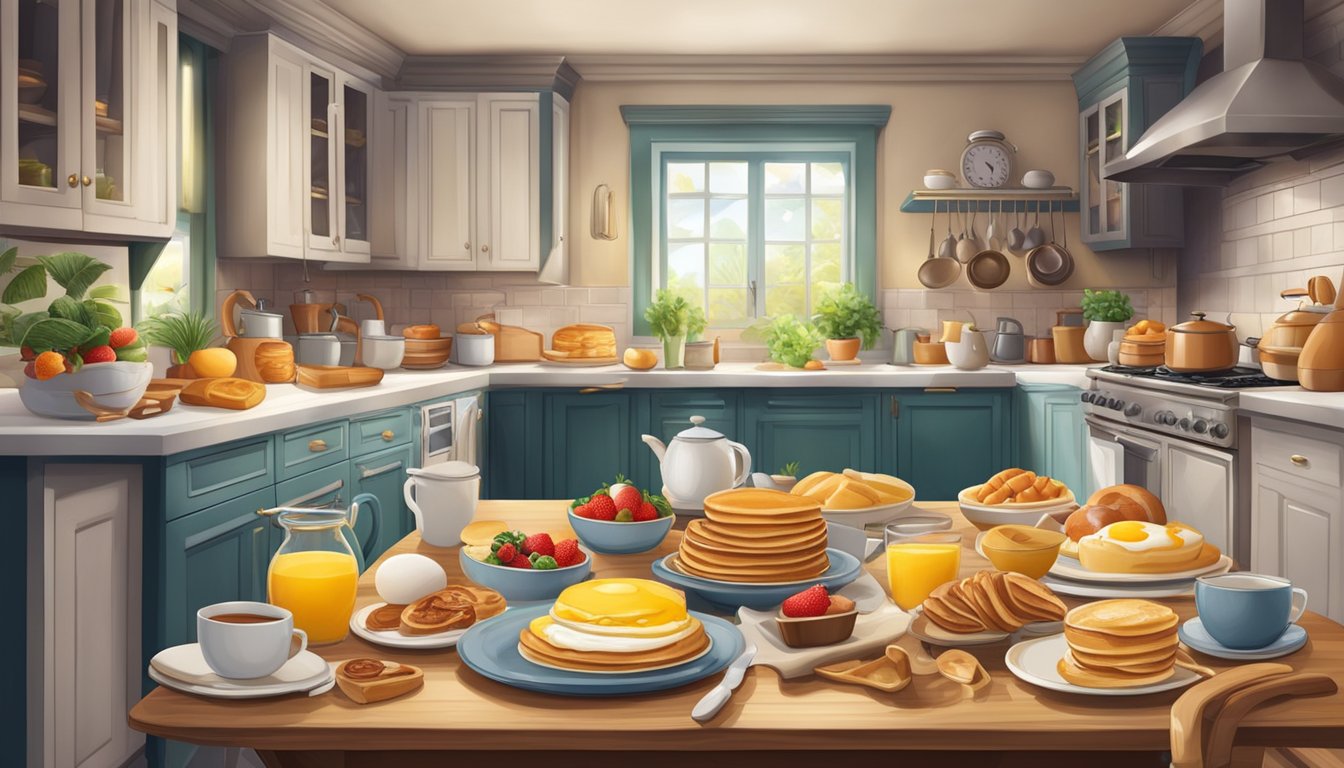 A cozy kitchen scene with a spread of 15 breakfast dishes, including pancakes, eggs, and fruit, with festive decorations for New Year's Day