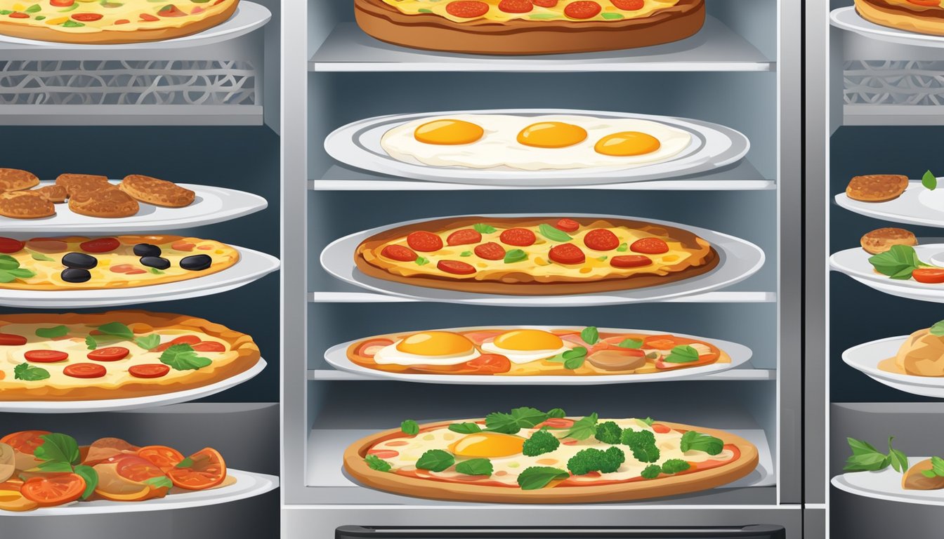 A variety of breakfast dishes, from frittatas to breakfast pizzas, are being stored in a refrigerator and then reheated in a pizza oven