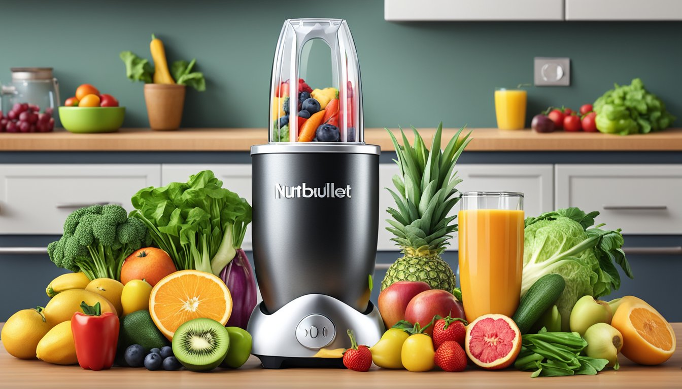 A colorful array of fresh fruits and vegetables, a Nutribullet blender, and a variety of healthy ingredients set out on a kitchen counter