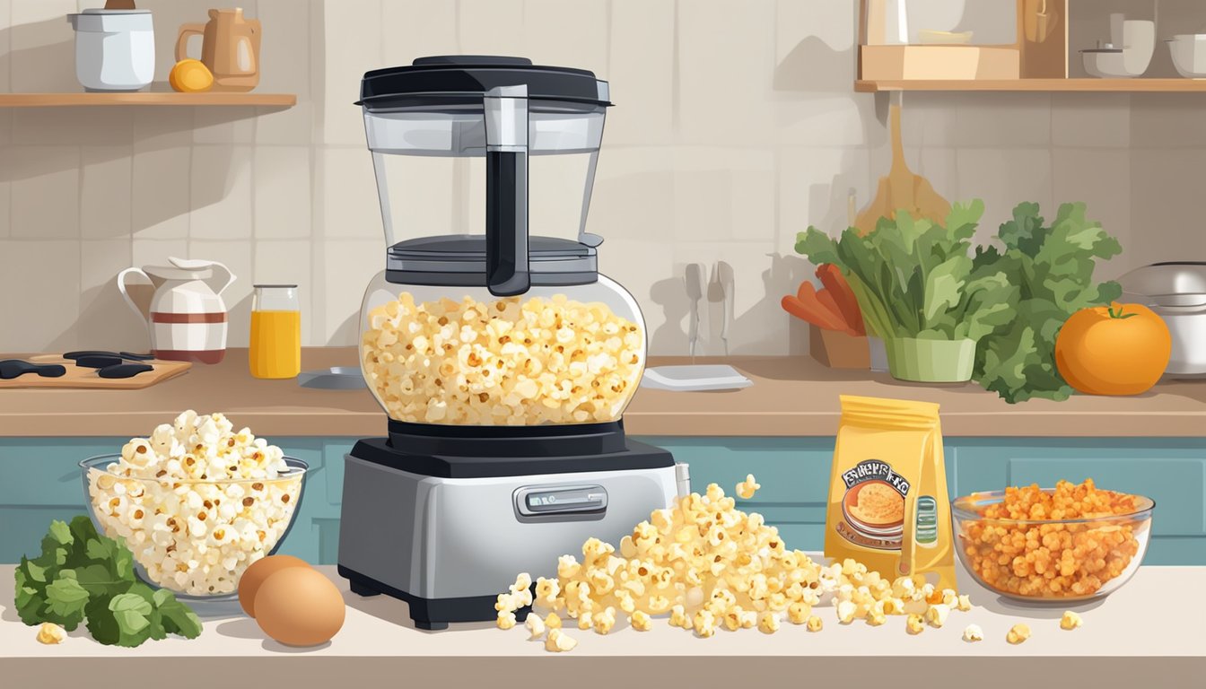 A popcorn maker surrounded by ingredients for breakfast recipes, such as eggs, bacon, cheese, and vegetables, on a kitchen counter