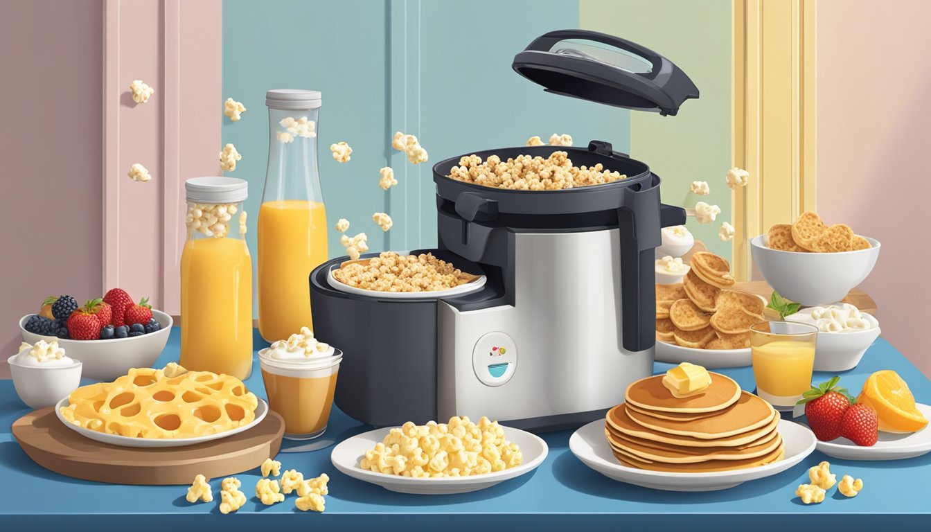 A colorful array of breakfast foods, including pancakes, waffles, muffins, fruit, and yogurt, are arranged around a popcorn maker, with freshly popped popcorn spilling out onto the table