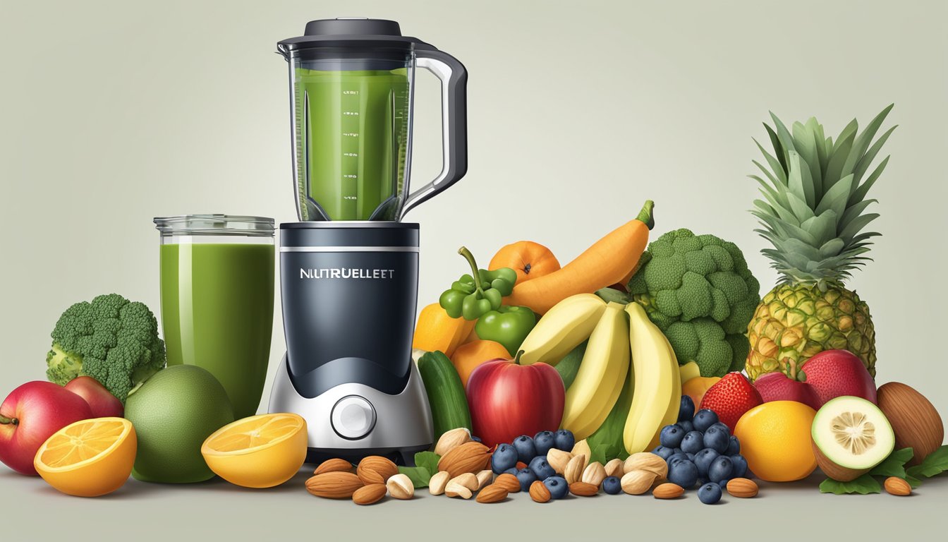 A variety of fresh fruits, vegetables, and nuts arranged on a kitchen counter next to a Nutribullet blender