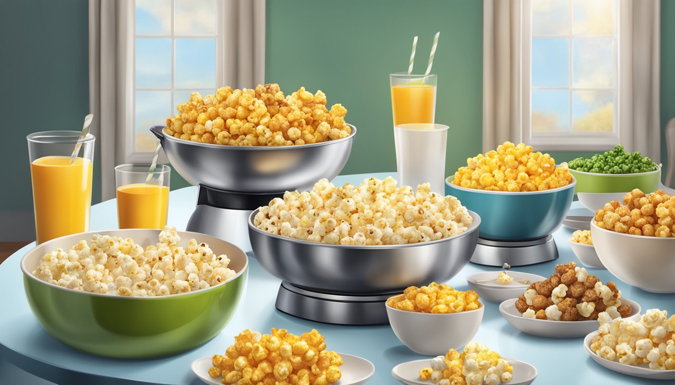 A breakfast table set with a variety of savory popcorn dishes made using a popcorn maker