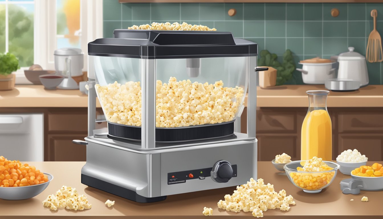 A popcorn maker sits on a kitchen counter, surrounded by ingredients like eggs, cheese, and vegetables. Steam rises from a pan as a chef prepares breakfast recipes using popcorn as a cooking ingredient