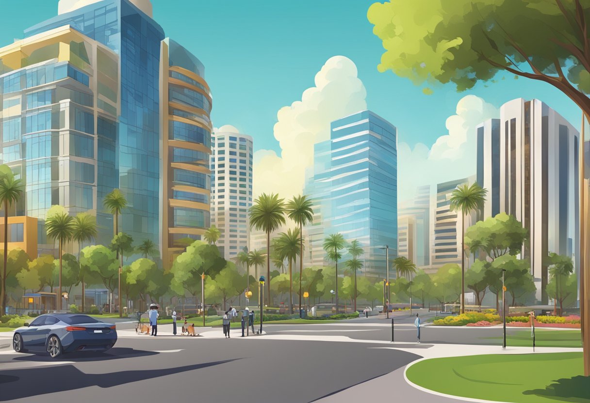 A vibrant cityscape with modern buildings and green parks, highlighting the bustling urban atmosphere of Anaheim