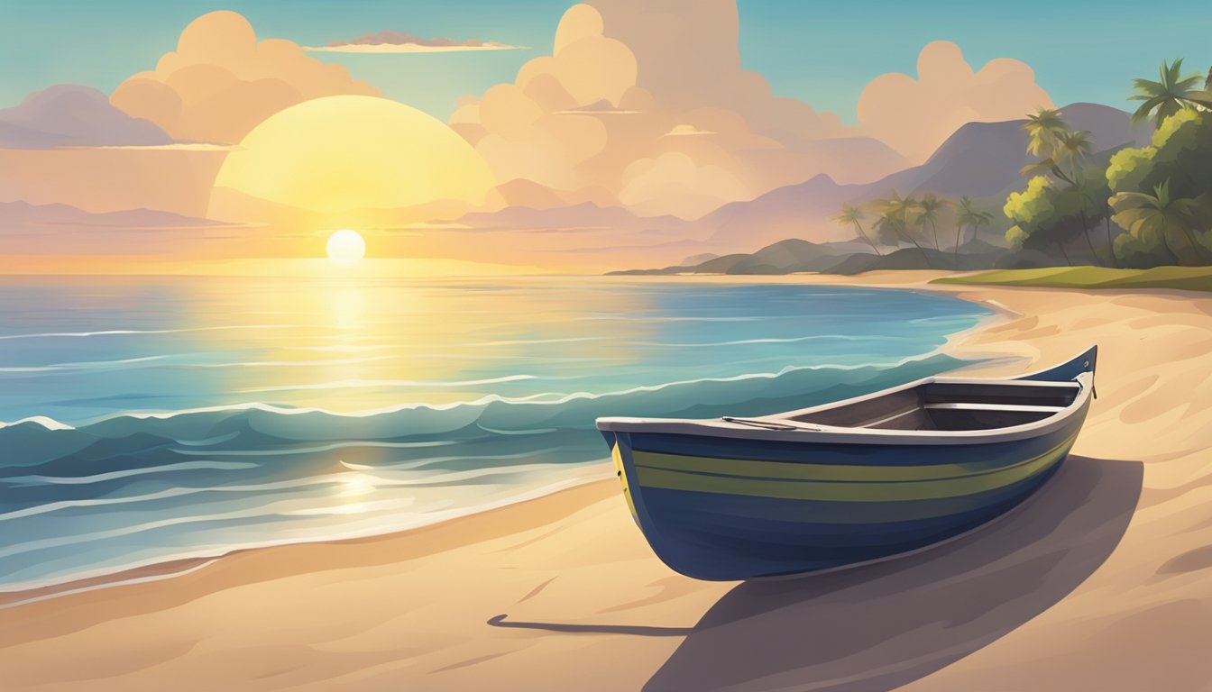 A serene, sunlit beach with calm waves and a lone boat drifting on the water, surrounded by a peaceful and tranquil atmosphere