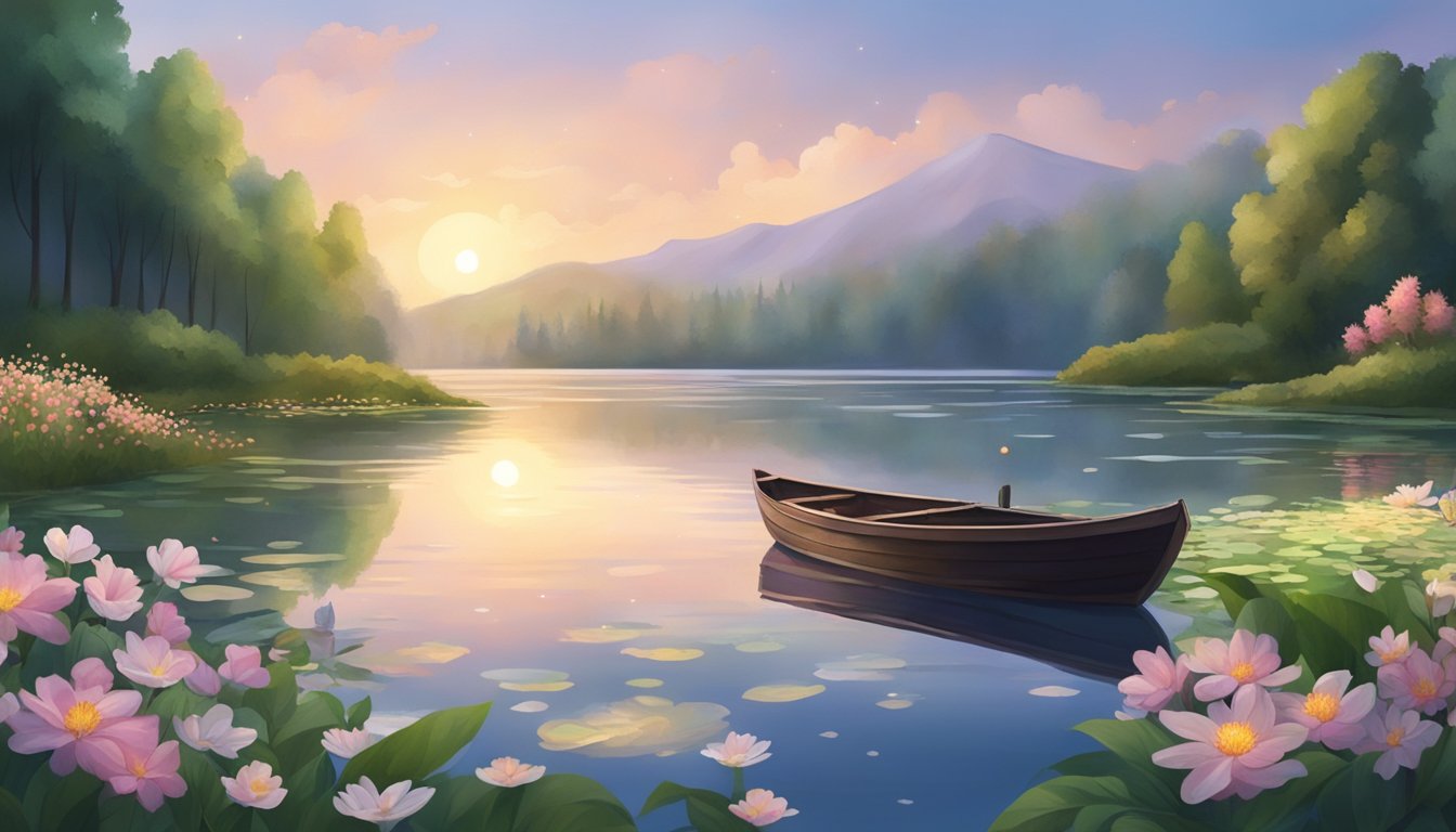 A serene lake surrounded by lush greenery, with a small boat adorned with flowers and candles floating on the calm water