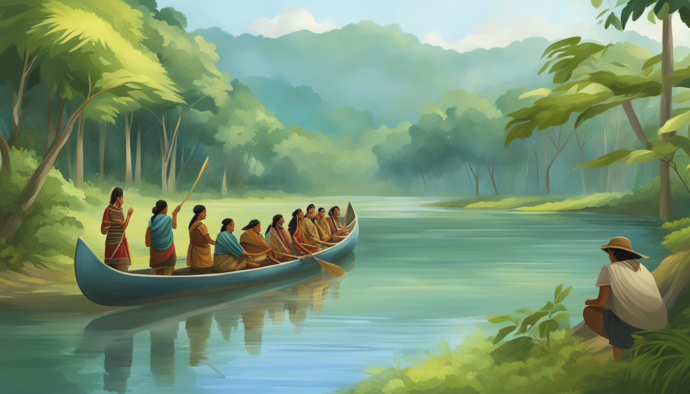 A serene riverbank with a traditional canoe and a group of indigenous people performing a water burial ceremony, surrounded by lush greenery and wildlife