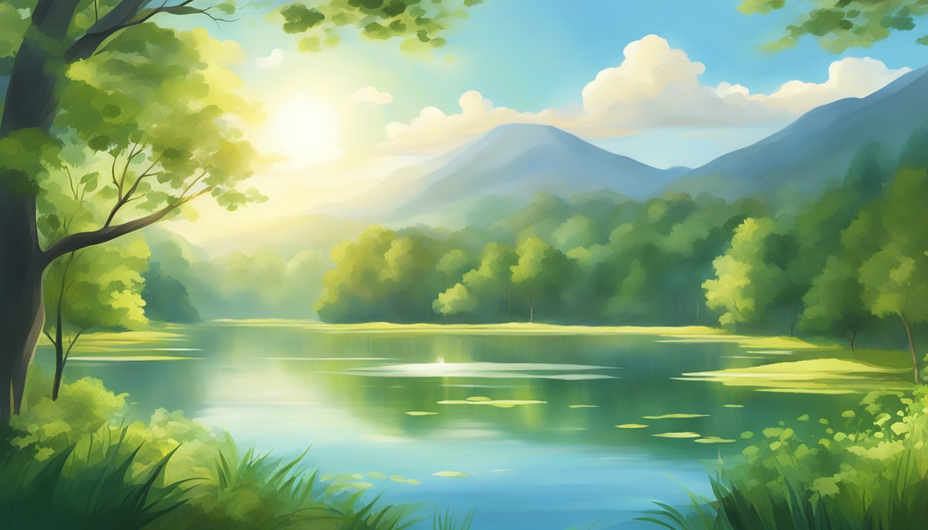 A serene lake surrounded by lush greenery, with sunlight reflecting off the water's surface. A sense of tranquility and spiritual reverence permeates the scene