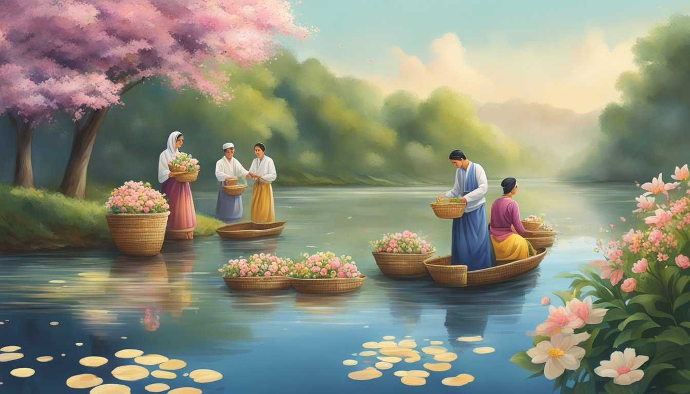 A serene riverbank with a group of people in traditional attire, gently releasing flower-covered baskets into the water