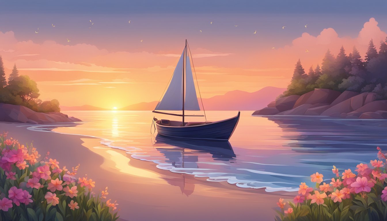 A serene beach at sunset, with calm waves gently lapping the shore. A small boat anchored offshore, surrounded by flowers and candles