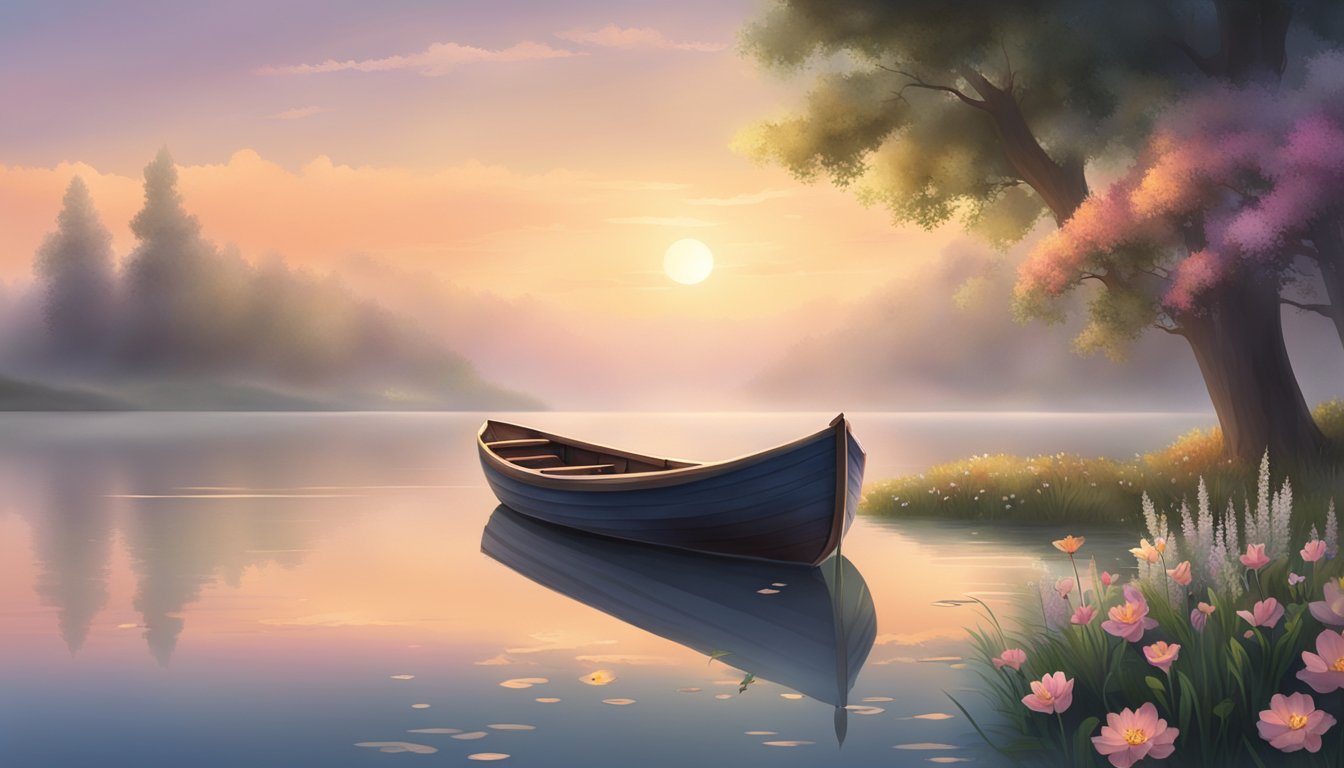 A serene, misty lakeside at dawn, with a small boat adorned with flowers and candles, surrounded by tranquil nature