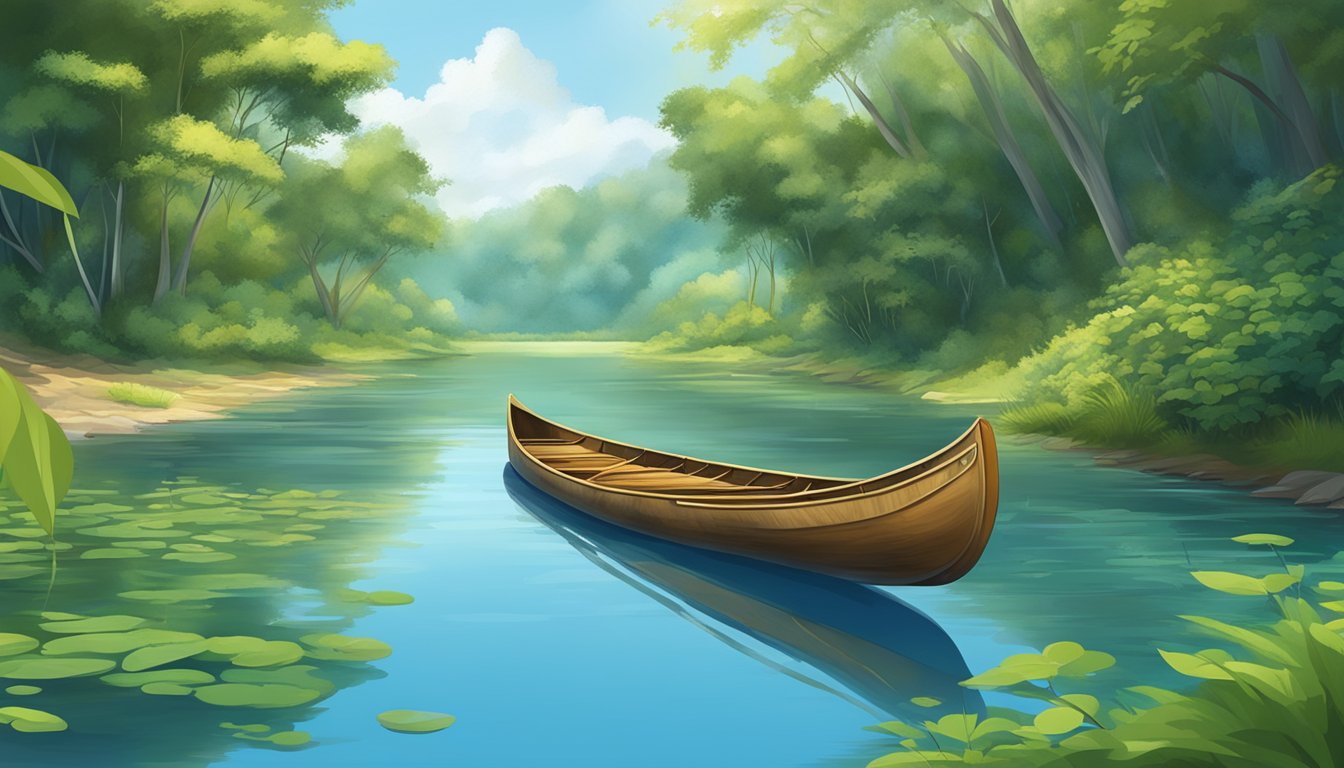 A serene riverbank with a traditional canoe floating on the water, surrounded by lush greenery and a clear blue sky overhead