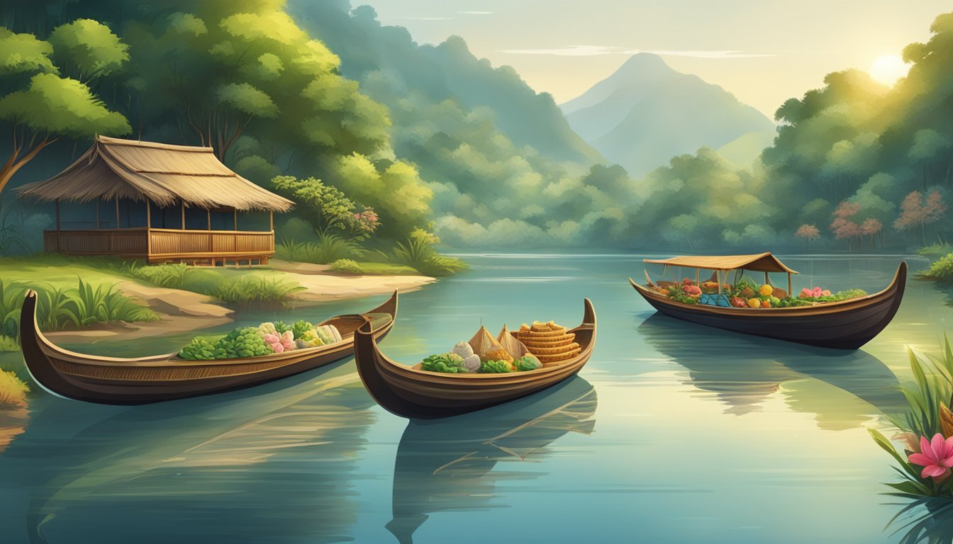 A serene riverbank with traditional boats and offerings floating on the water, surrounded by lush greenery and symbolic elements of indigenous culture