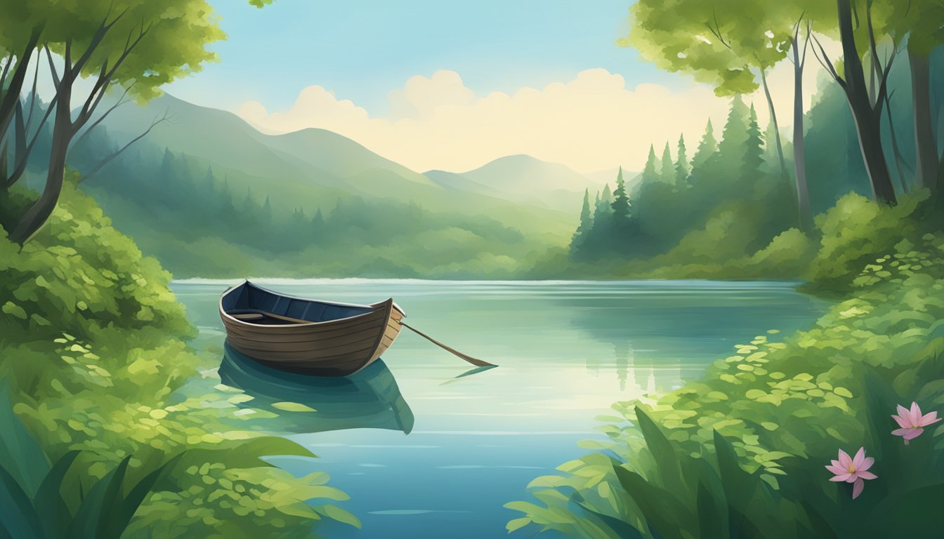 A serene lake surrounded by lush greenery, with a small boat floating in the calm waters, representing a water burial alternative for landlocked locations