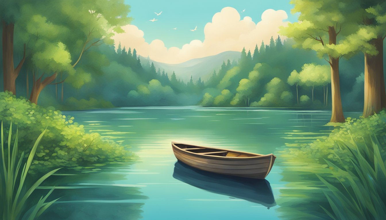 A serene lake surrounded by lush greenery, with a small boat carrying a biodegradable urn gently floating on the calm water