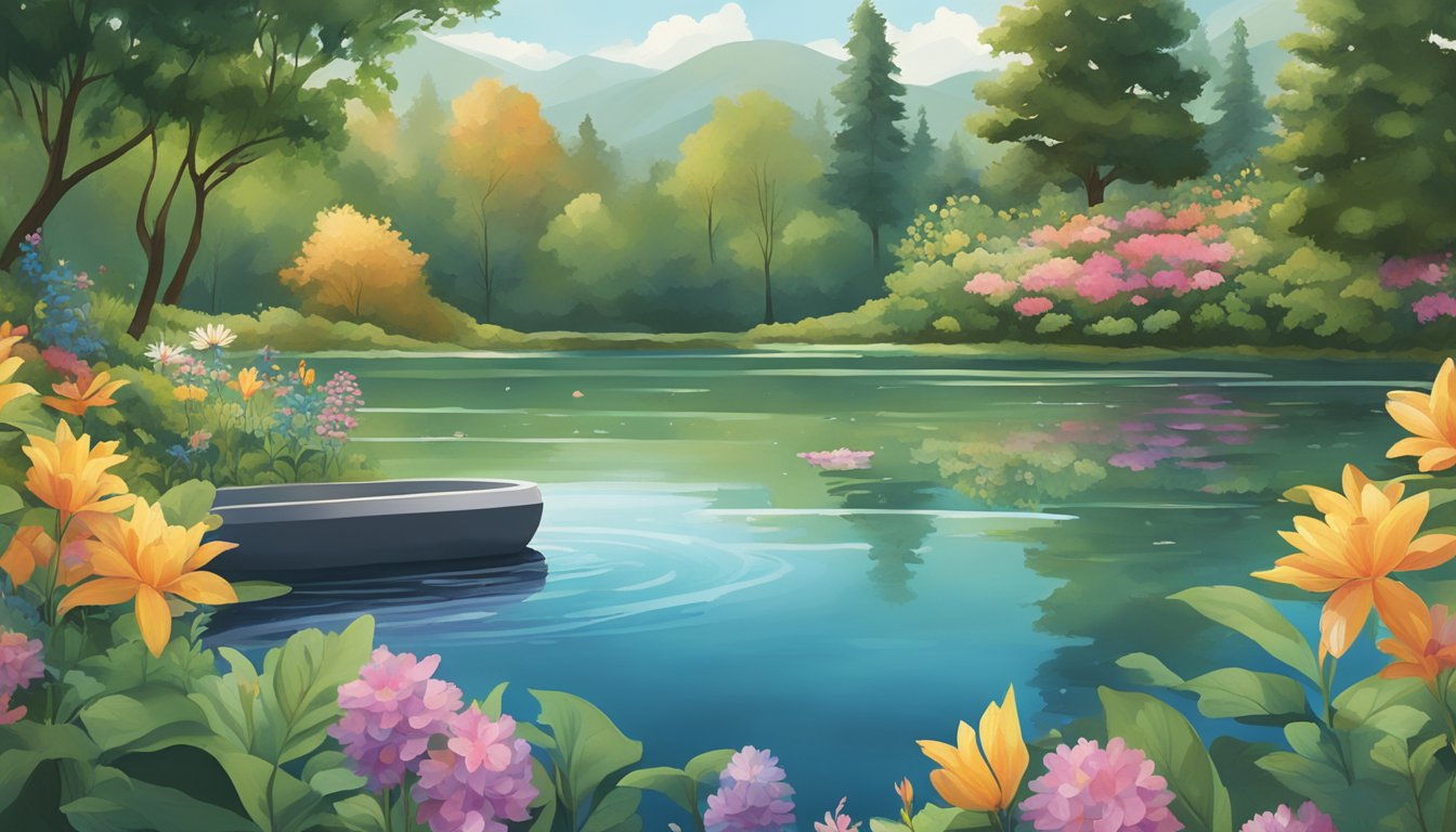 A serene lake surrounded by lush greenery, with a biodegradable urn floating on the water's surface, surrounded by colorful flowers and wildlife