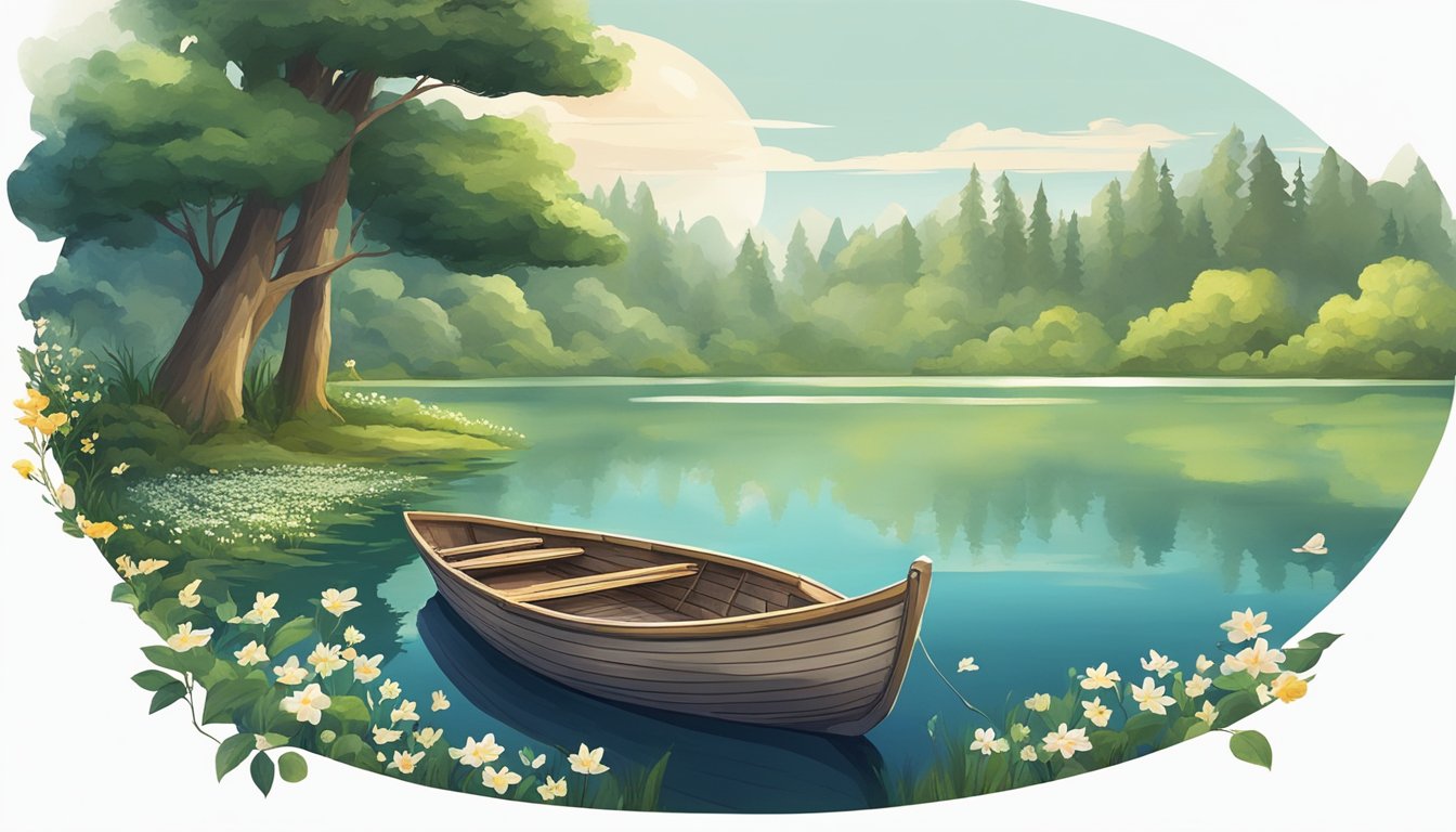 A serene lake surrounded by lush greenery, with a small boat floating on the water, adorned with flowers and candles, symbolizing a water burial alternative in a landlocked location