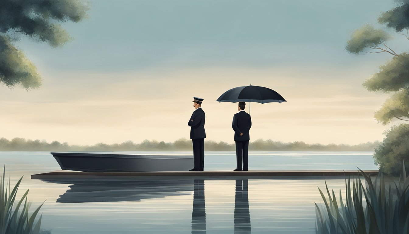 A funeral director stands at the edge of a calm, serene body of water, overseeing the preparations for a water burial. The scene is peaceful and contemplative, with the director's presence conveying a sense of reverence and professionalism