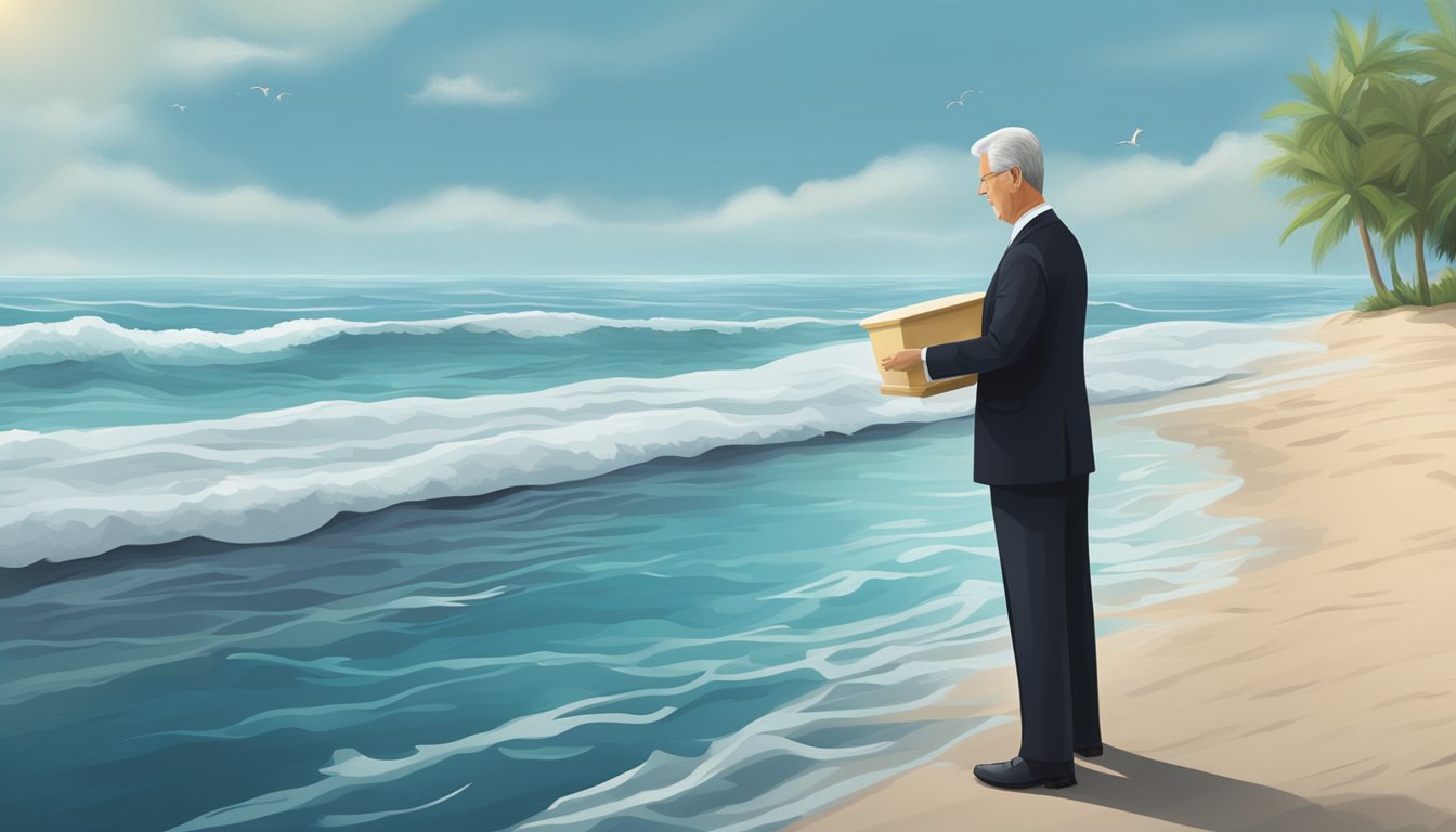 A funeral director overseeing a water burial ceremony at sea, with a biodegradable urn floating on the water's surface surrounded by serene and tranquil ocean waves