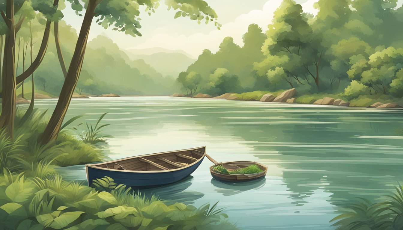 A serene river flowing through a lush forest, with a small boat carrying a biodegradable urn for a water burial. A diverse group of wildlife can be seen along the riverbank