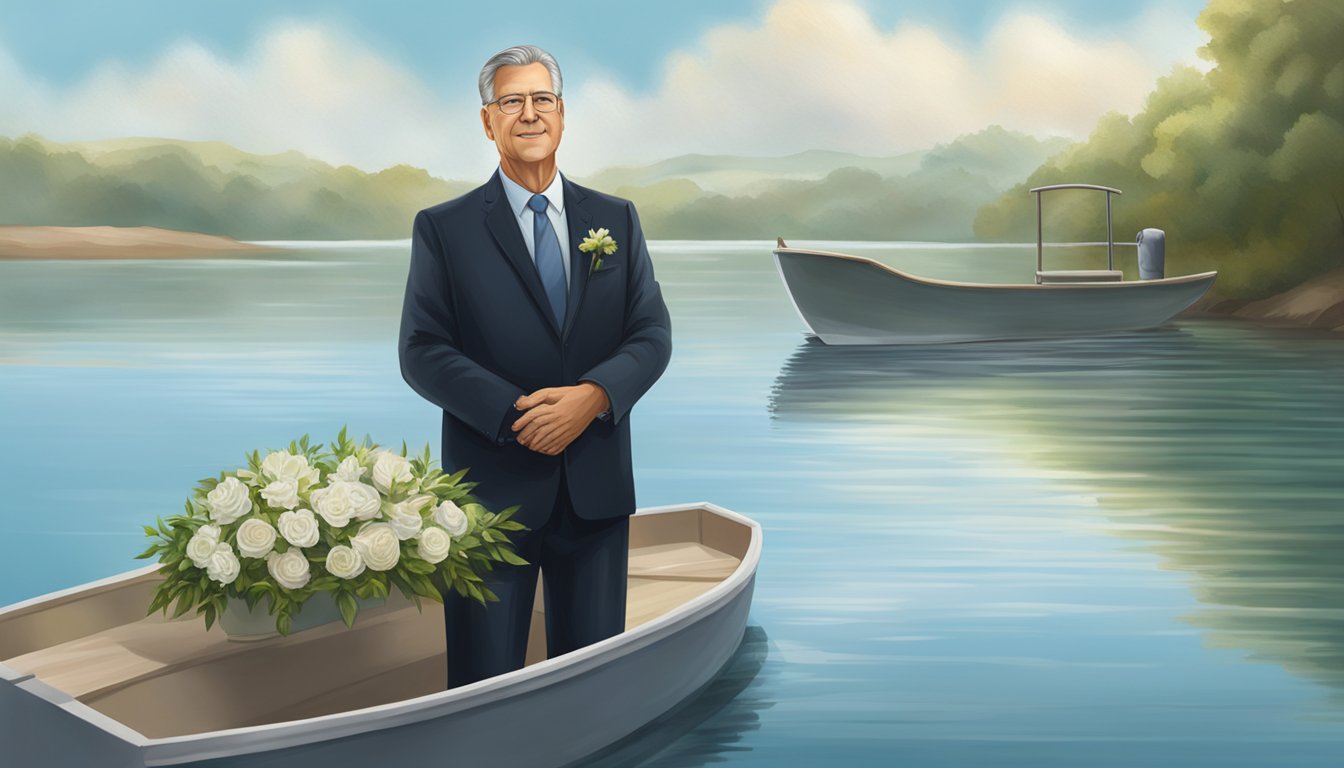 A funeral director oversees a water burial, standing on a boat with a biodegradable urn, surrounded by calm waters and a serene sky