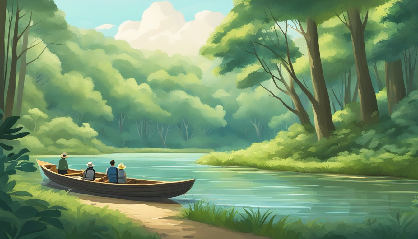 A serene river flowing through a lush forest, with a small boat gently floating on the water. A group of tourists observing the natural surroundings, while a researcher takes notes nearby