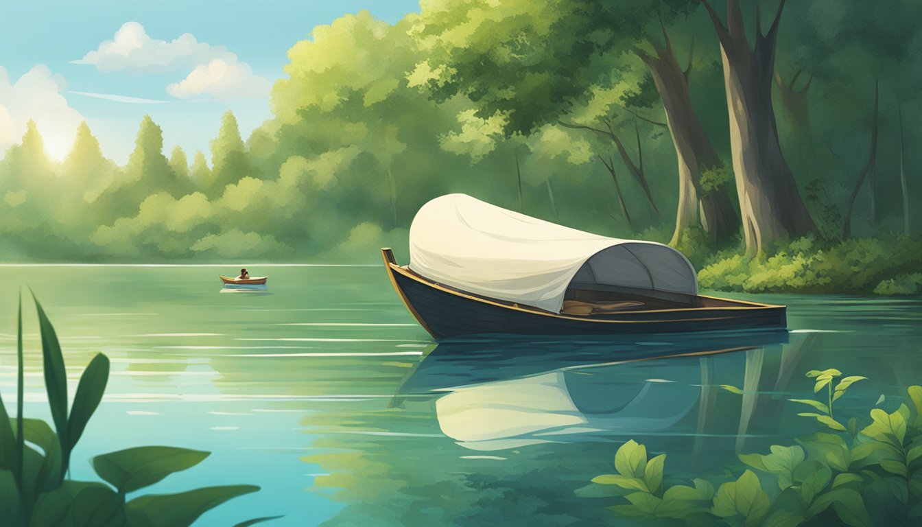 A serene lake surrounded by lush greenery, with a small boat floating on the water and a biodegradable burial pod being gently lowered into the depths