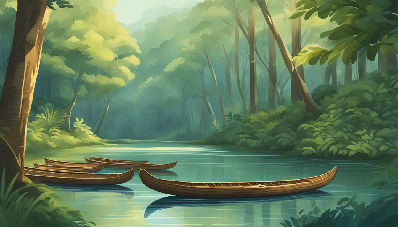 A serene river flowing through a lush forest, with traditional Indigenous burial canoes floating peacefully on the water