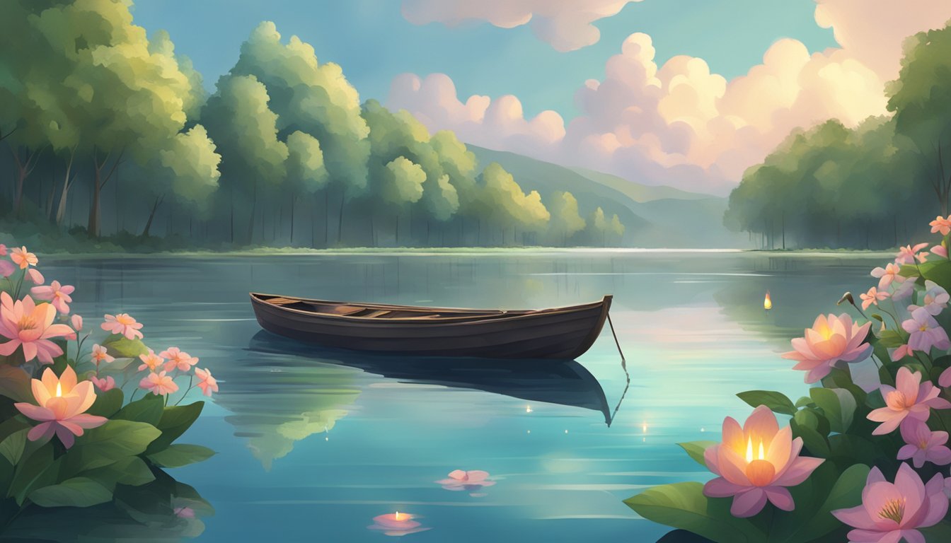 A serene lake surrounded by lush greenery, with a small boat adorned with flowers and candles floating on the water. The sky is overcast, but the atmosphere is peaceful