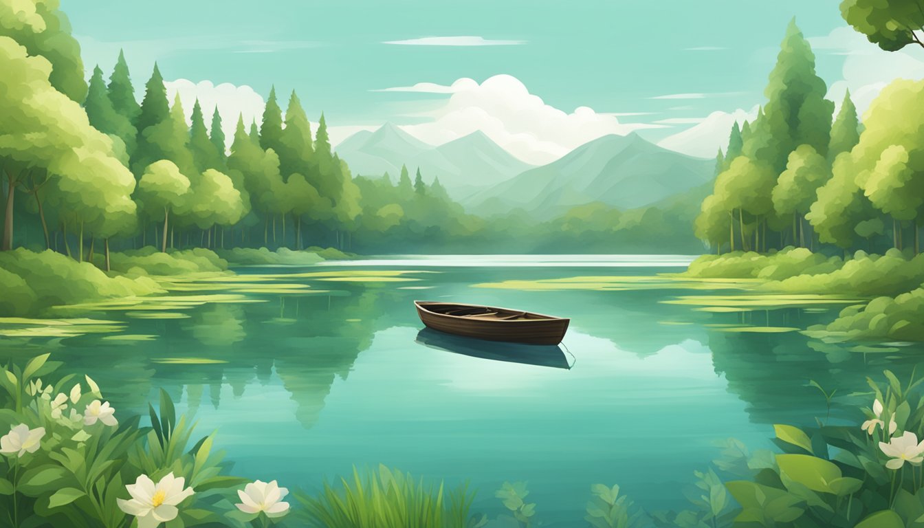 A serene lake surrounded by lush greenery, with a small boat floating in the center, symbolizing water burial alternatives for landlocked locations