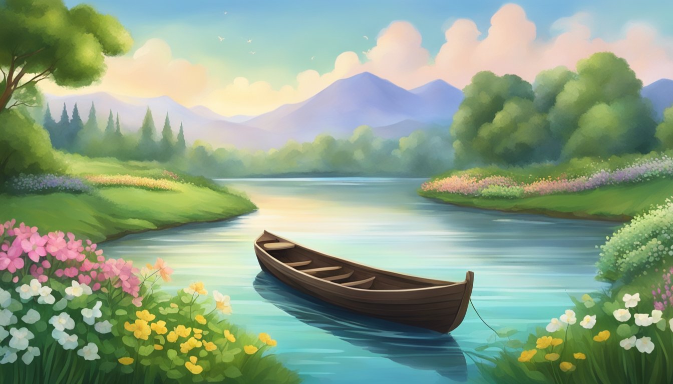 A serene river flowing through a lush, green landscape, with a small boat adorned with flowers floating peacefully on the water