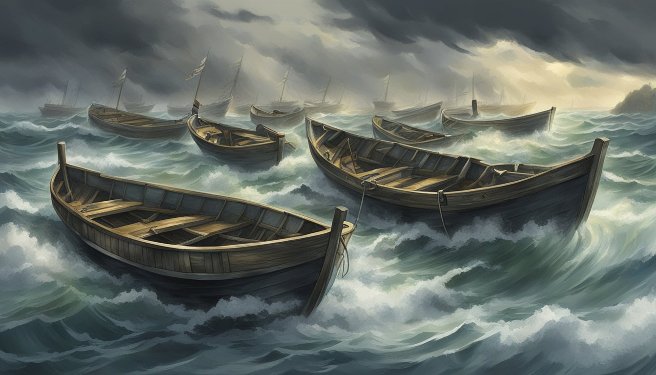 A group of boats navigate choppy waters amidst dark clouds and strong winds, while preparing for a water burial ceremony