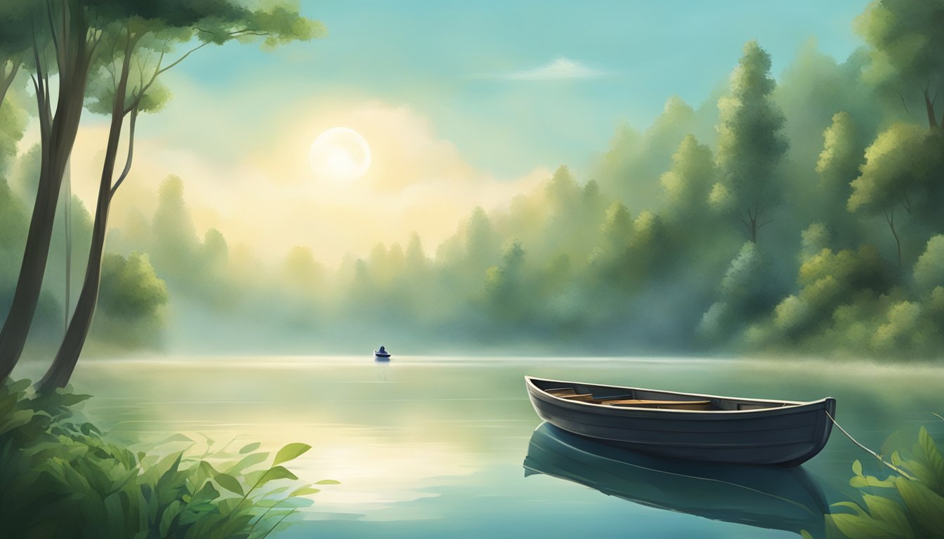 A serene lake surrounded by lush greenery, with a small boat floating in the center, and a soft mist rising from the water's surface