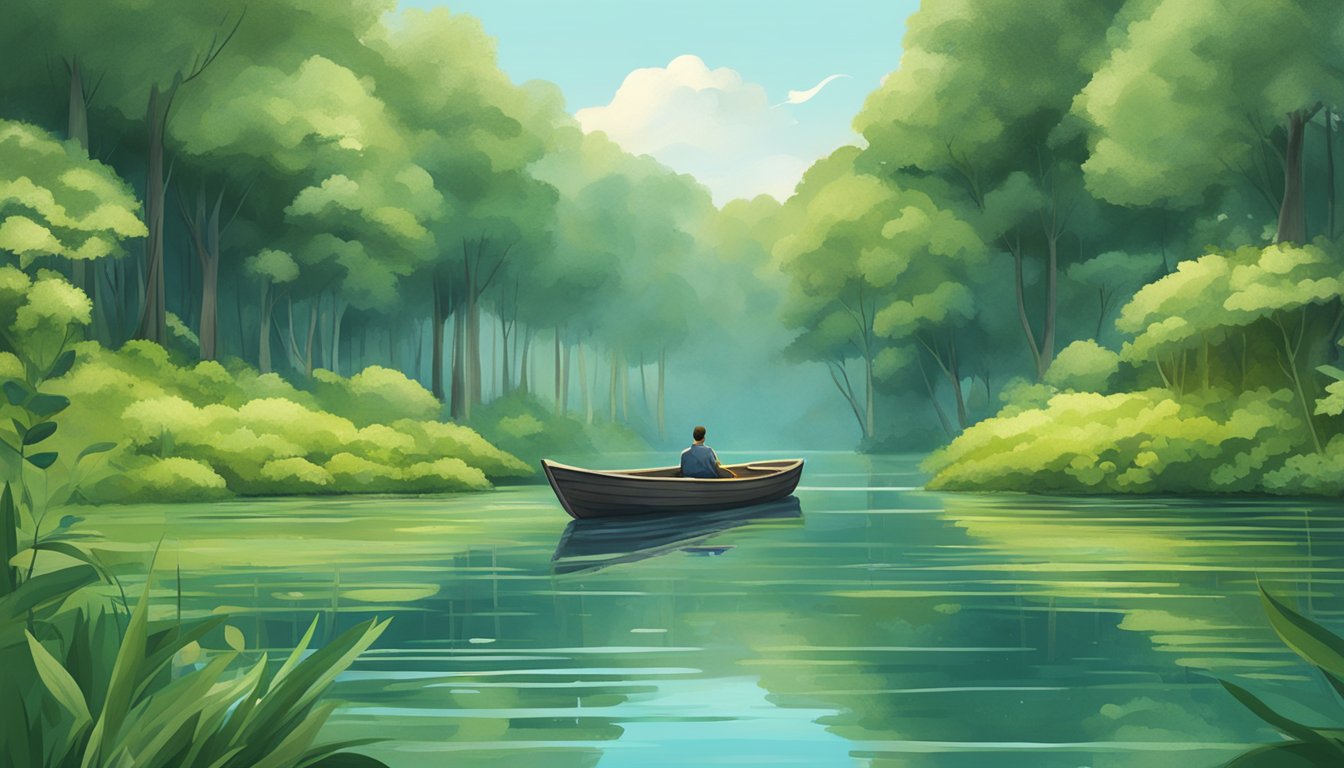 A serene lake surrounded by lush greenery, with a small boat carrying a biodegradable burial pod floating on the water's surface