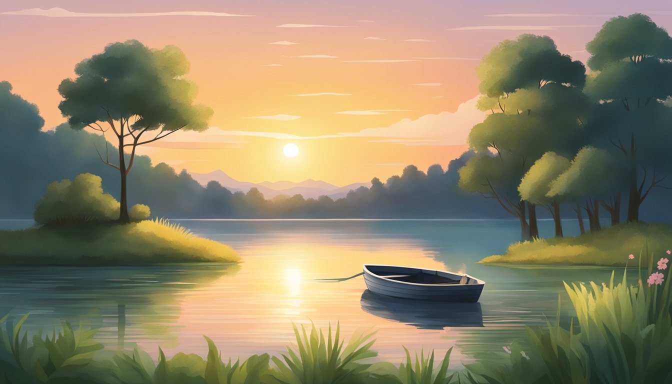 A serene lake surrounded by lush greenery, with a small boat carrying a biodegradable urn. The sun sets in the distance, casting a warm glow over the peaceful scene