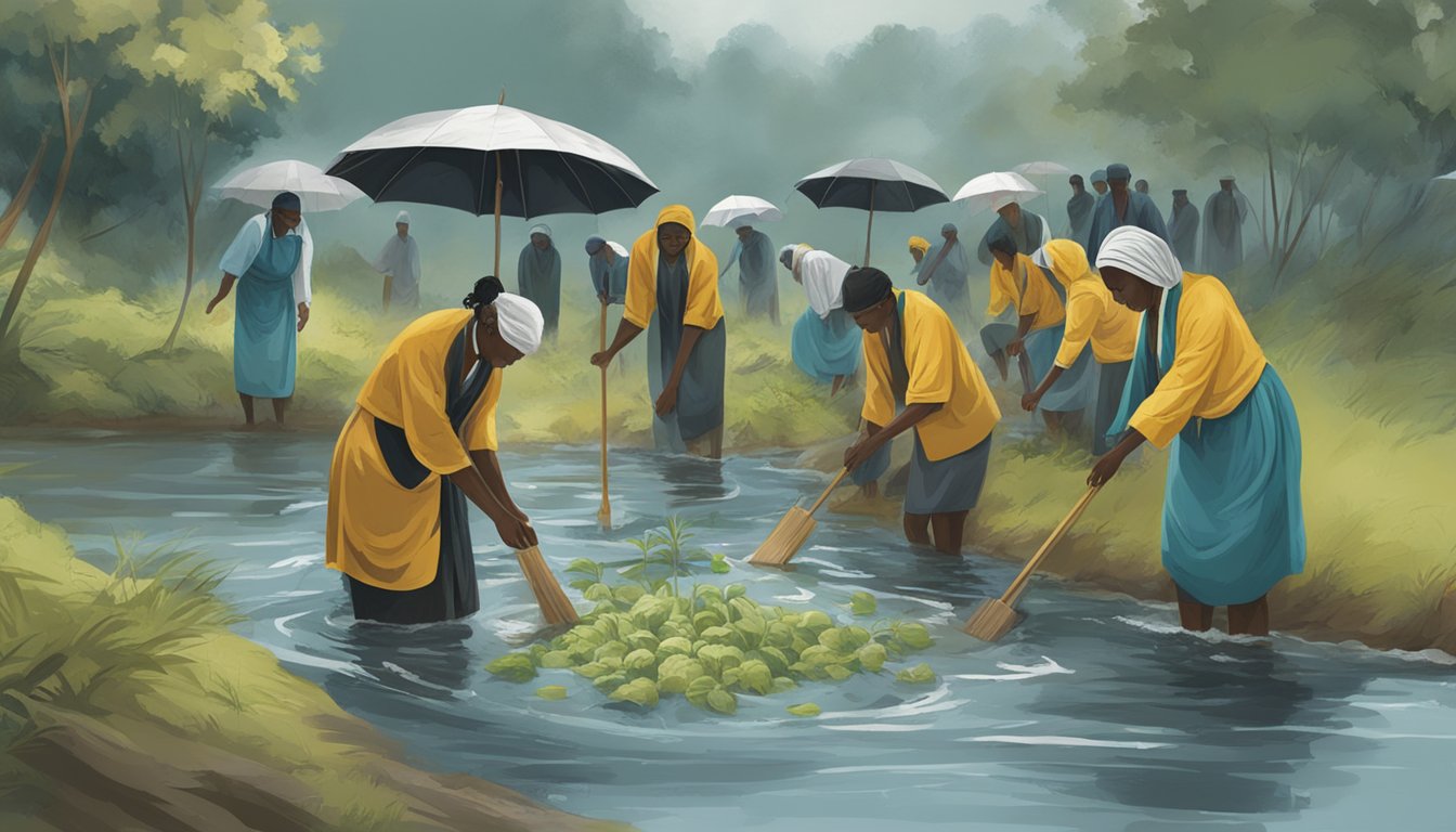 A group of individuals performing a water burial ceremony while adapting to unexpected weather, incorporating eco-friendly practices and considering environmental impact