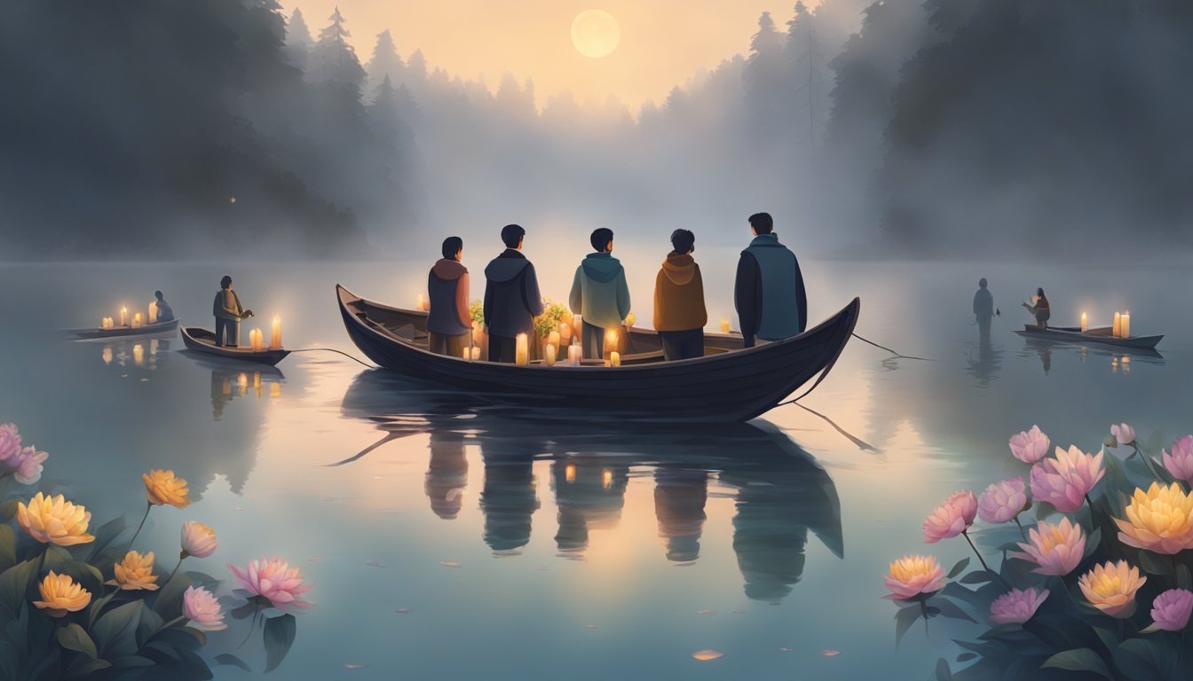 A group of people stand on a boat in the middle of a calm, misty lake. They hold flowers and candles, preparing to release them into the water for a burial ceremony