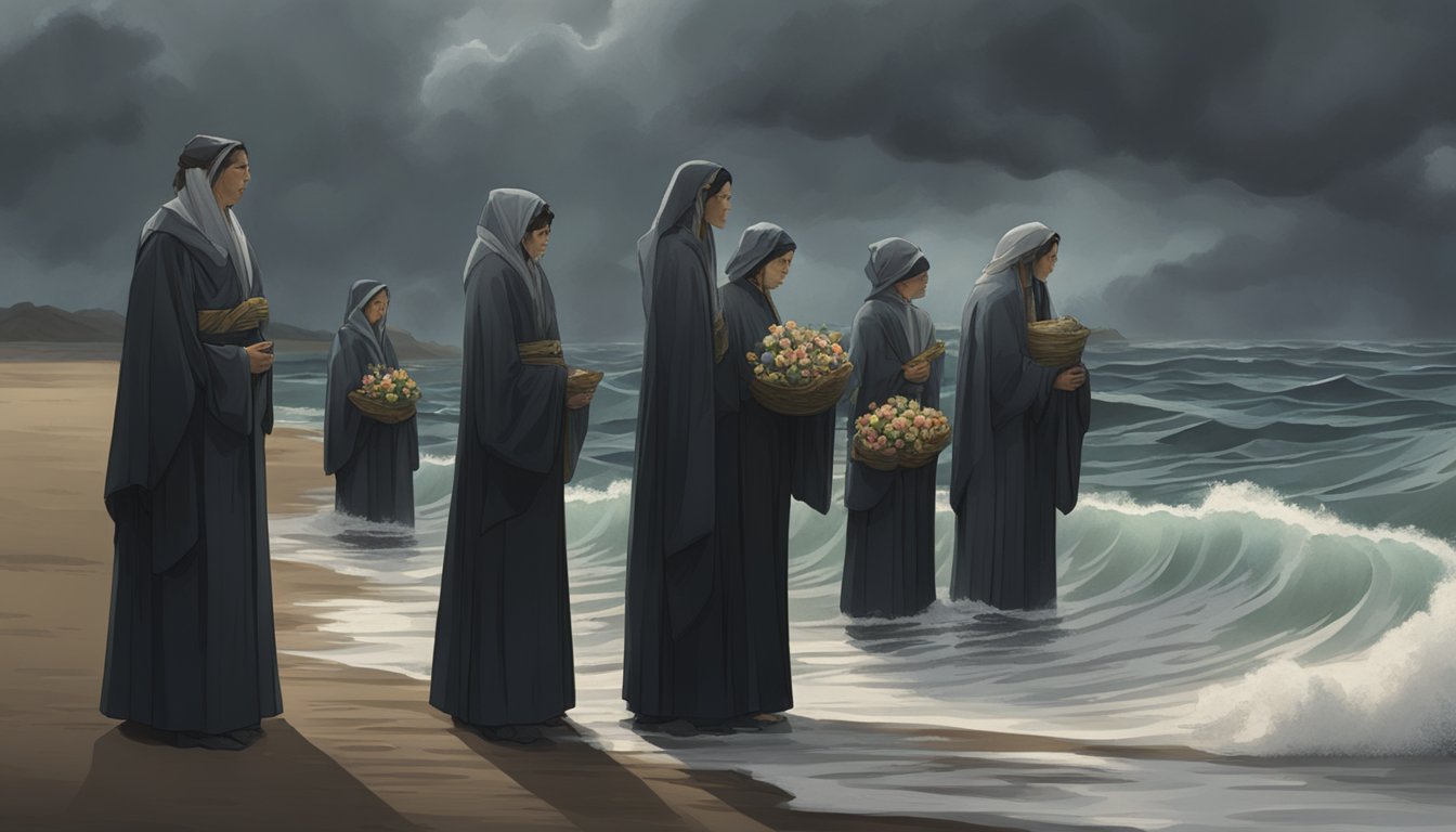 A group of mourners stand at the water's edge, holding ceremonial items. Dark clouds loom overhead as wind whips the waves