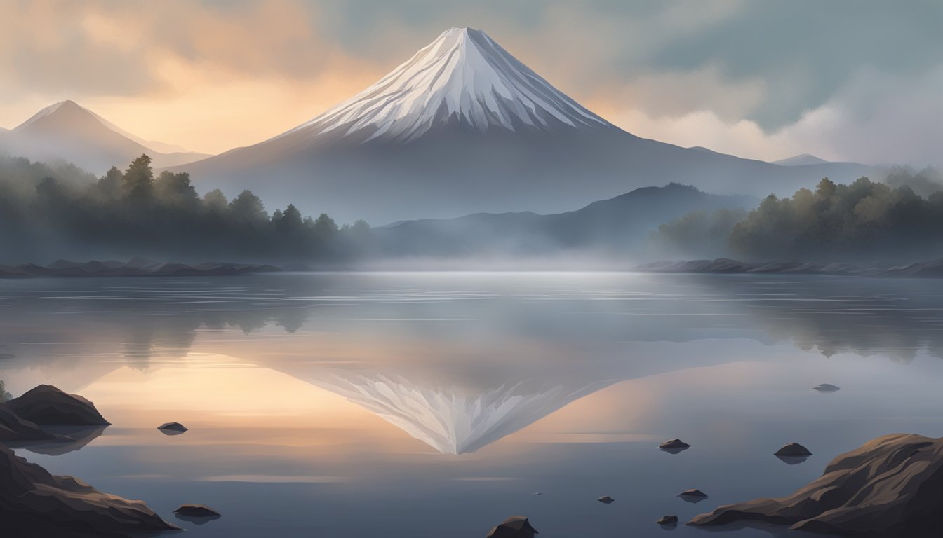 Volcanic ash dispersing in a calm, reflective lake, creating a hazy, ethereal atmosphere with muted colors and a sense of quiet unease