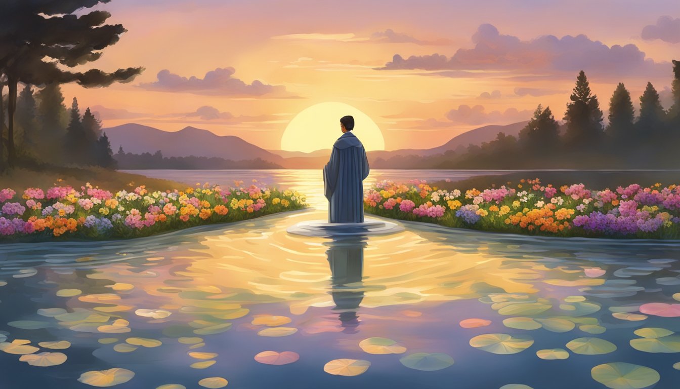 A peaceful water burial ceremony with flowers floating on the surface and the sun setting in the background