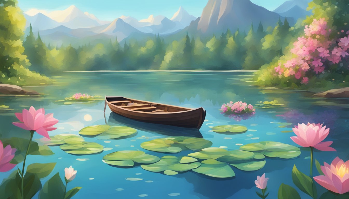 A serene lake surrounded by lush greenery, with a small boat adorned with flowers and candles floating on the water