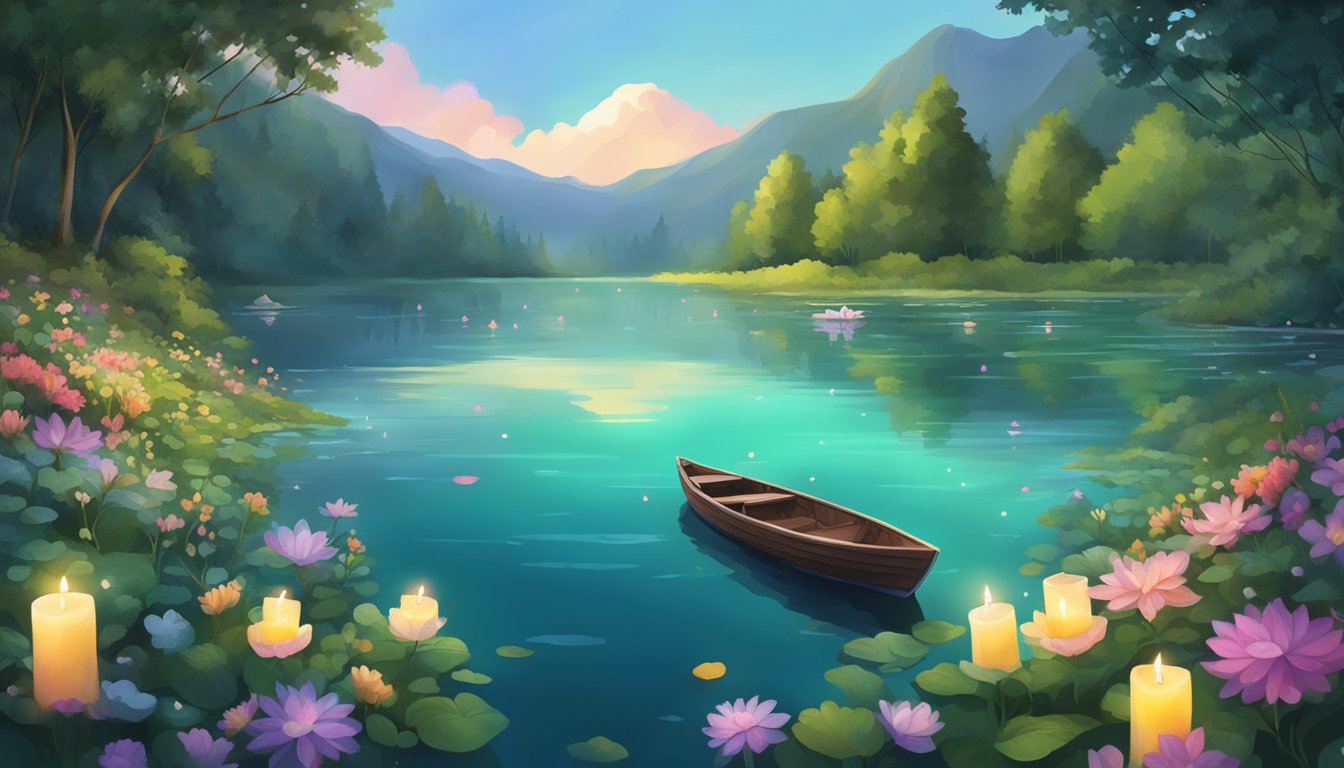 A serene lake surrounded by lush greenery, with a small boat adorned with flowers and candles floating on the water