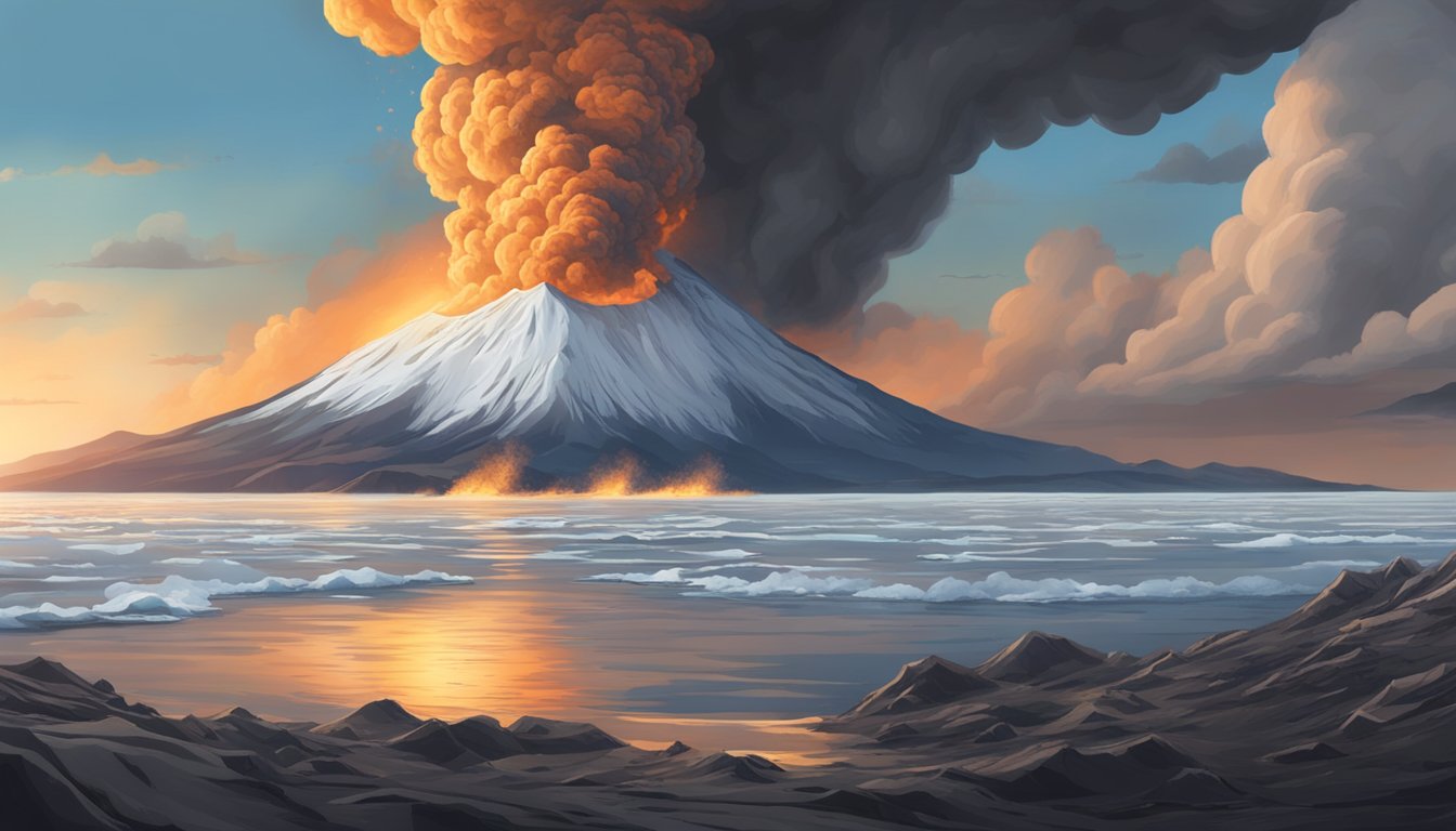 A volcanic eruption sends ash into the atmosphere, where it disperses over land, sea, and ice, impacting climate and health