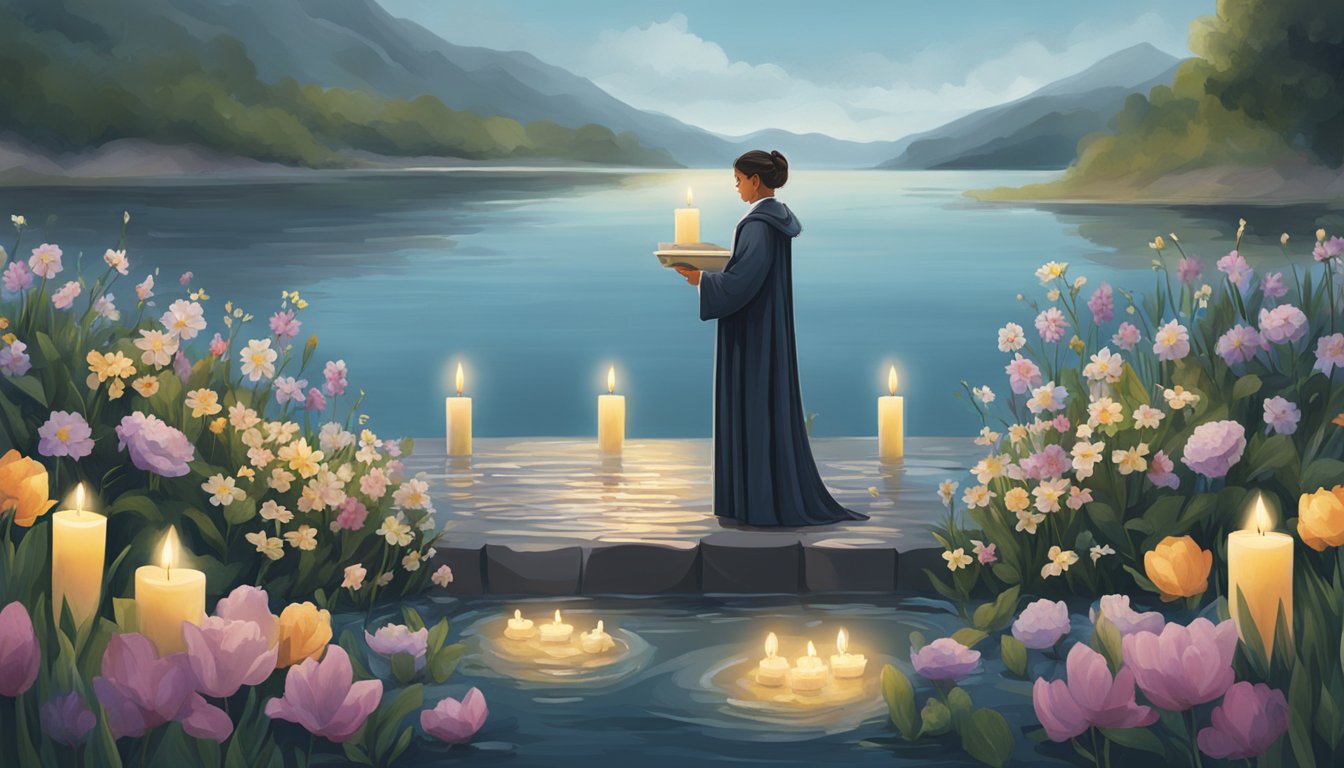 A figure stands at the water's edge, surrounded by flowers and candles, preparing to deliver a eulogy for a water burial ceremony