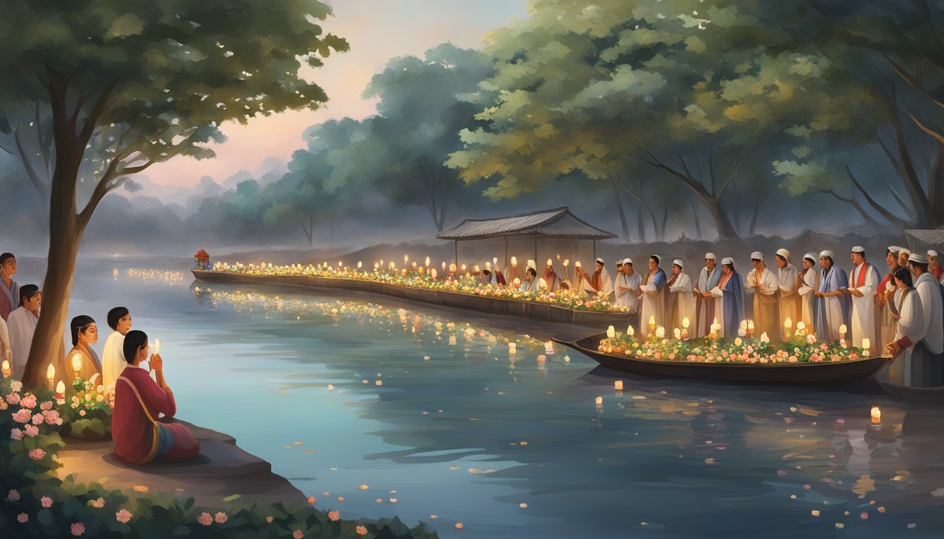 A serene riverbank with floating flower garlands and candles, surrounded by onlookers in traditional attire