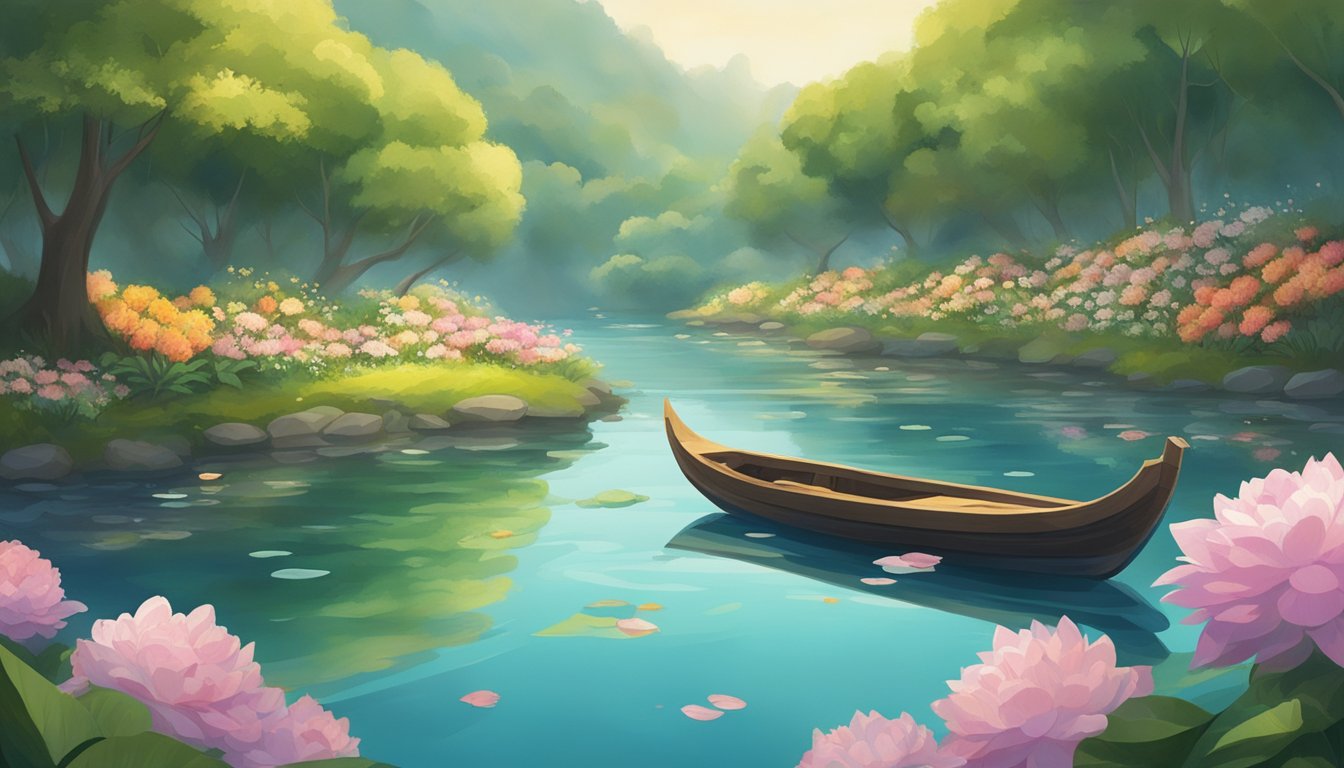 A serene river flows through a lush landscape, surrounded by flowers and trees. A small boat adorned with symbolic offerings floats on the water, representing the ritual of water burial ceremonies