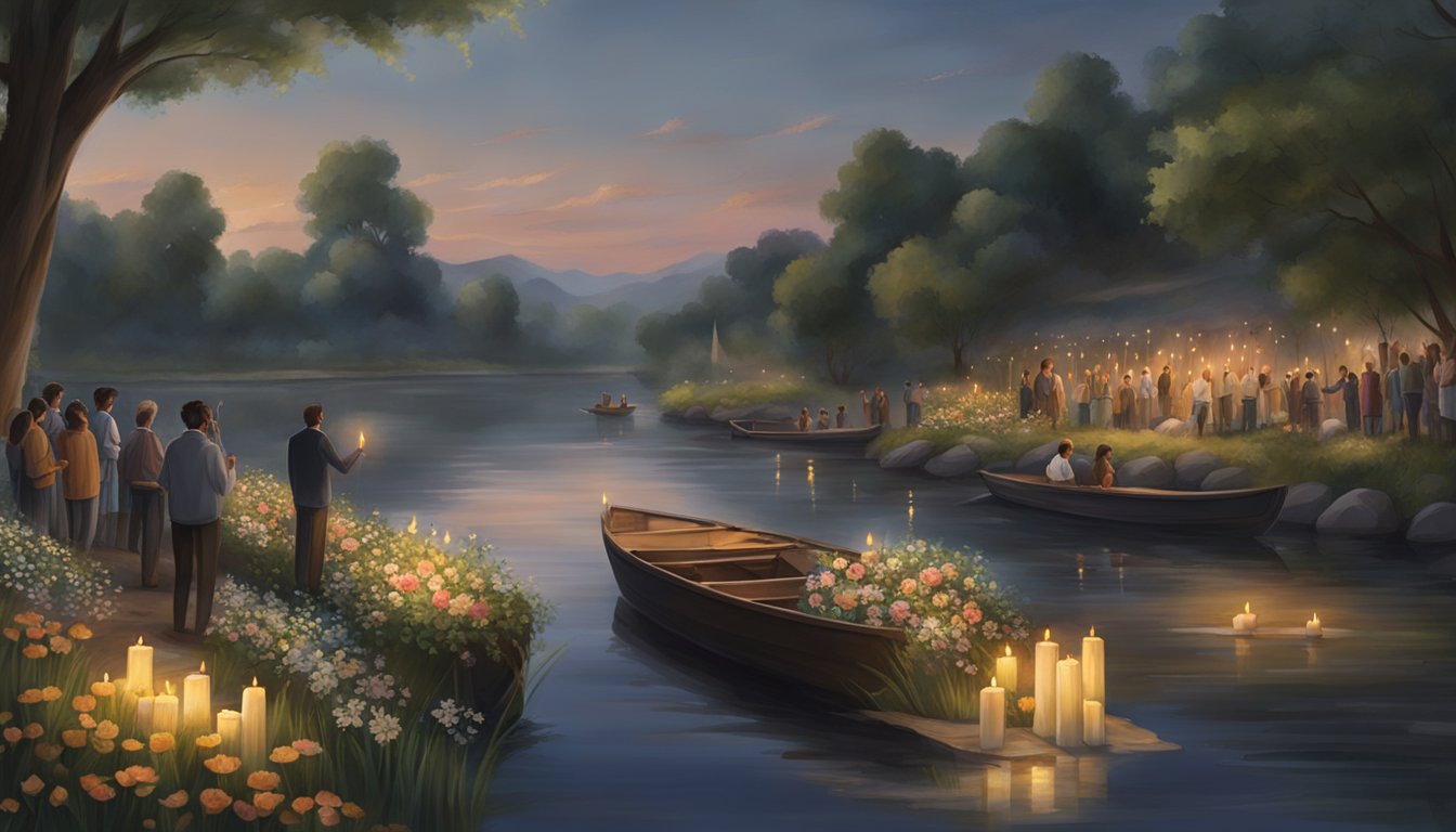 A serene riverbank with a small boat adorned with flowers and candles, surrounded by mourners crafting heartfelt eulogies