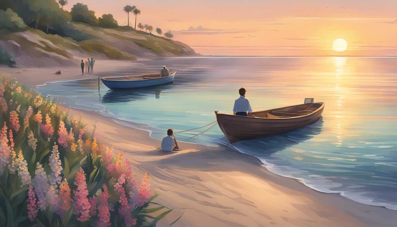 A serene beach at sunset, with calm waters and a small boat adorned with flowers, surrounded by mourners crafting eulogies