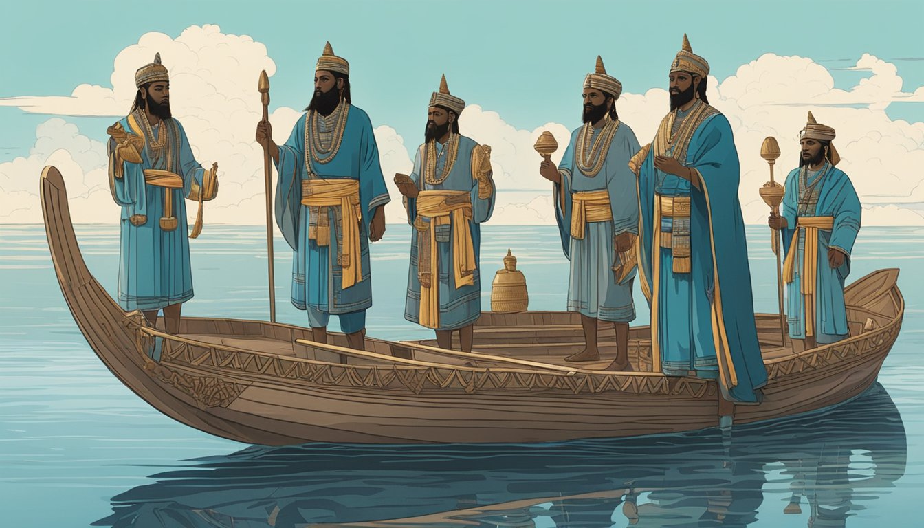 A group of figures stand on a boat, surrounded by calm waters. They hold ceremonial objects and perform symbolic rituals to honor the deceased